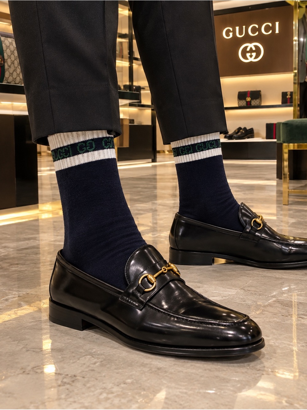 Gucci navy blue Crew Socks with White Cuff and Green Logo Trim
